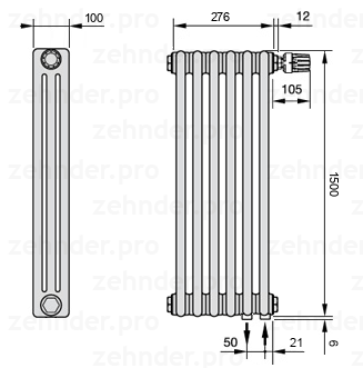 Схема (чертеж) Радиатор Zehnder Charleston 3150/6 №V002 Белый глянцевый RAL 9016